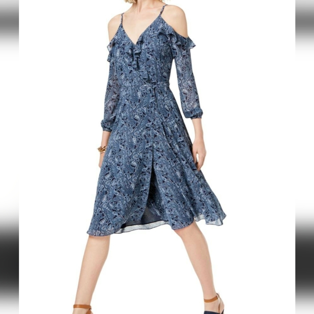 MICHAEL Michael Kors Blue Paisley Cold-Shoulder Midi Dress S NWT